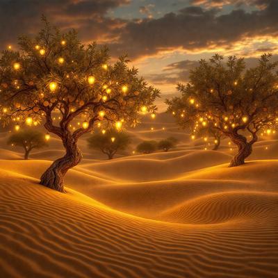 The primary subject of the image is a sandy desert landscape with a few trees. The setting is a sandy plain with a few trees scattered throughout the area. The visual style is a digital art or illustration, creating a surreal and dreamy atmosphere. The colors are predominantly earth tones, with the sandy desert being the main color, and the trees adding a touch of green. The overall mood of the image is serene and peaceful, with the trees and sandy landscape creating a sense of tranquility